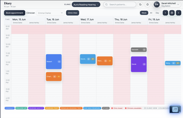 Seviko diary week view for an ear care clinic