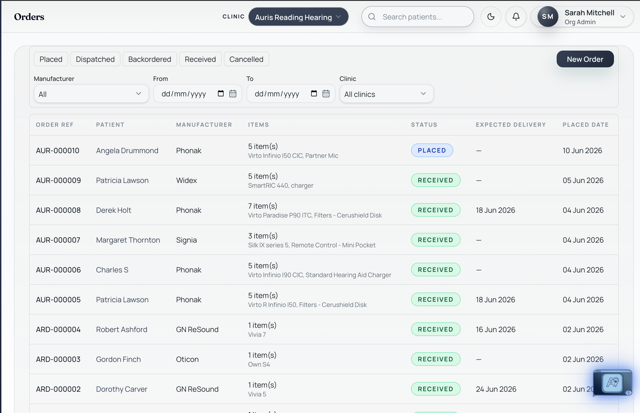 Seviko orders dashboard listing hearing aid orders with manufacturer and status